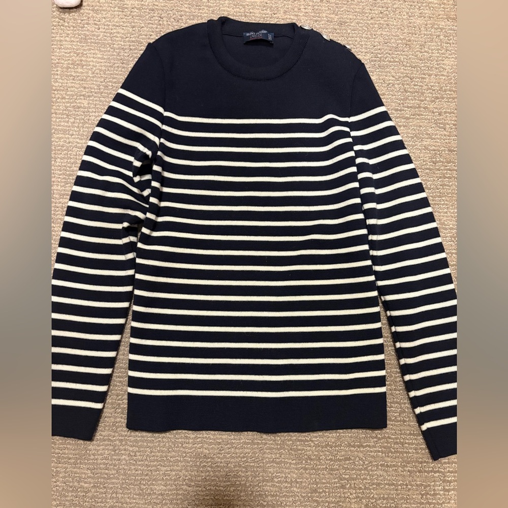 Saint James L'Atelier Navy and Cream Striped Sweater, S